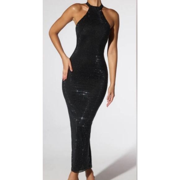Oh Polly Embellished Sheer Halter Neck Low Back Evening Gown in Pearl Women's 2 - Picture 1 of 12